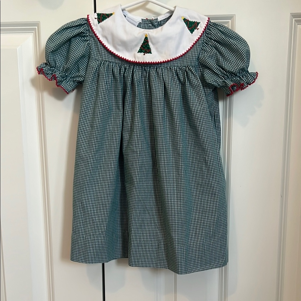 Green and White Dress with Bib White Collar with Christmas Trees